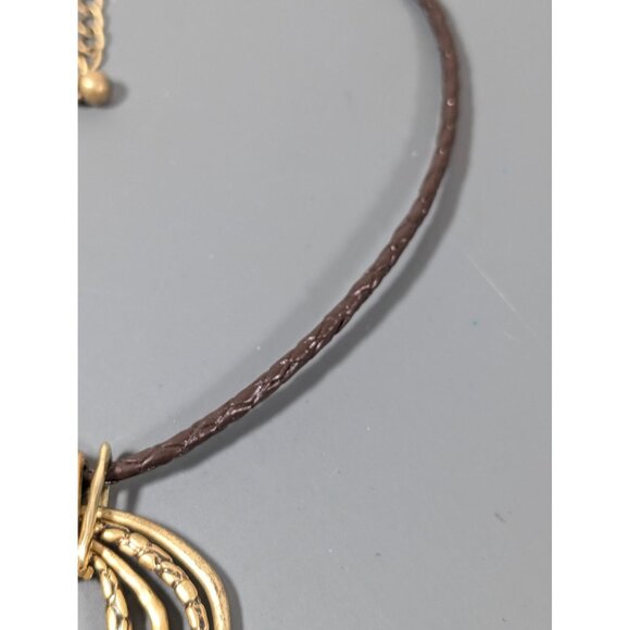 Chicos Gold Tone Multi Ring Pendant Brown Braided Cord Necklace Boho Western 20" - Picture 5 of 9